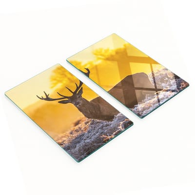 Glazen snijplanken met print van een zonsopgang boven een hert, 2x30x52 cm