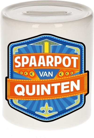 Bellatio Decorations Kinder spaarpot met naam - Quinten - keramiek - met dop - wit - Sparen - Spaargeld van Quinten