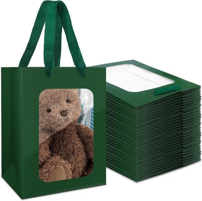 50 Donkergroene Cadeauzakken met Venster en Handvatten Kraftpapier 18x13x25cm
