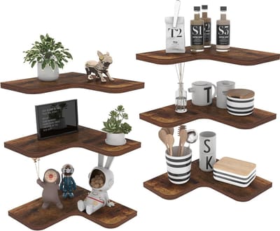 Pakket van 6 L-vormige hoekplanken, wandplank, kleine zwevende plank gemaakt van hout, zwevende plank voor woonkamer, slaapkamer, keuken, kinderkamer en kantoor, vintage bruin/zwart.