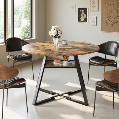 Ronde Eettafel met Opbergruimte, MDF Tafelblad & Metalen Frame, Artistiek Design voor 4–6 Personen, 75 cm Hoog