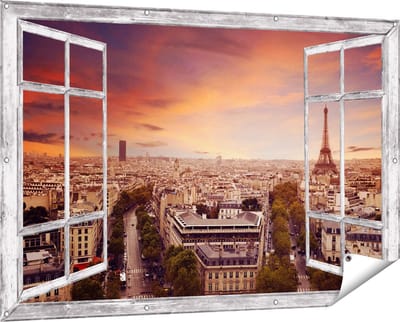 Gards Tuinposter Doorkijk Skyline Parijs met Eiffeltoren - 150x100 cm - Tuindoek - Tuindecoratie - Wanddecoratie buiten - Tuinschilderij