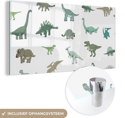 MuchoWow® Glasschilderij 40x20 cm - Schilderij acrylglas - Dinosaurus - Groen - Jongens - Bruin - Kind - Patronen - Foto op glas - Schilderijen