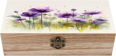 Houten Aandenken Doos - Vintage Schatkist - Spullen Opbergen - Natuurlijk Paulowniahout - 20 cm Breed - Paars Bloemen