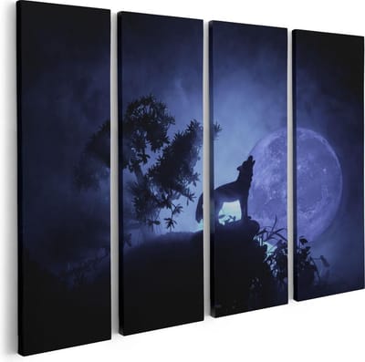 Artaza Canvas Schilderij Vierluik Huilende Wolf In Silhouet Bij Volle Maan - 80x60 - Foto Op Canvas - Canvas Print