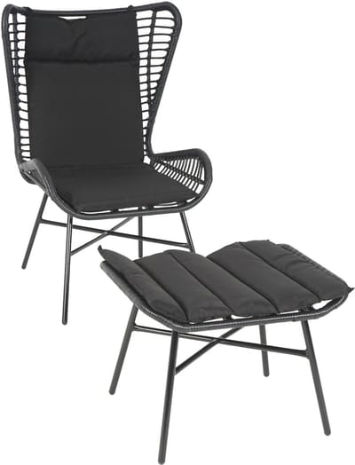 Poly-rattan set MCW-G17b, balkonset tuinset zitgroep stoel + kruk fauteuil, touw ~ antraciet, antraciet kussens