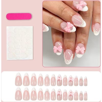 24 Stuks Roze Strik Simulatie Parel Ontwerp Witte Franse Acryl Korte Press-On Nagels Set, Voor Vrouwen En Meisjes Dagelijks Gebruik En Feest, Nagelkunst Benodigdheden gray