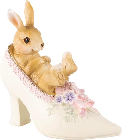 Dekoratief | Bunny in schoen, roze/wit/bruin, resina, 13x5x11cm | A240133