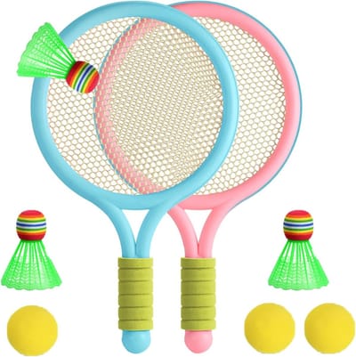 Tennisrackets voor Kinderen - Set van 2 Blauwe en Roze Rackets met Shuttlecocks en Tennisballen voor Binnen en Buiten Speelplezier in Koud Weer