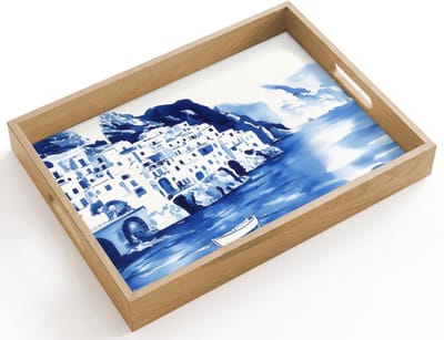 Dienblad hout 40x30 cm - Schootdienblad - Dorp - Rotswand - Roeiboot - Water - Borrelplank rechthoek - Plateau dienbladen