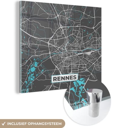 MuchoWow® Glasschilderij 90x90 cm - Schilderij acrylglas - Rennes - Frankrijk - Plattegrond - Stadskaart - Kaart - Foto op glas - Schilderijen