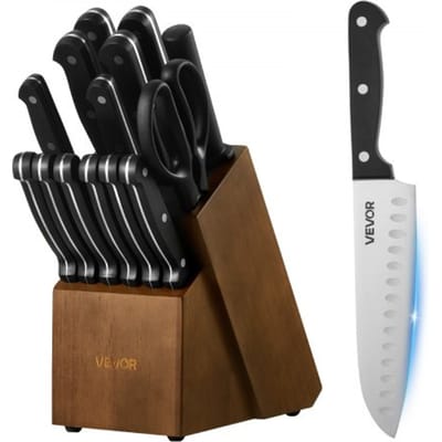 VEVOR Keukenmessenset met messenblok (hout) en slijpstaaf, 15-delige messenset van scherpe messen van hoogwaardig roestvrij staal, keukengerei met ergonomische ABS-handgreep, voor hobbykoks.