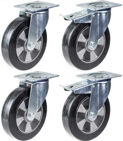 152 mm (6 inch) zwenkwielen met zwenk- en remfunctie, zwart rubber, zeer stevig, draagvermogen 1320 kg, set van 4