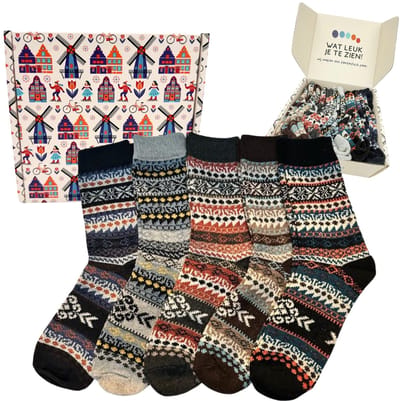 Tutti Footi - 5 paar sokken met Nordic patroon 'Hilde' - maat 38-42 - Winter sokken dames/heren - Vintage socks