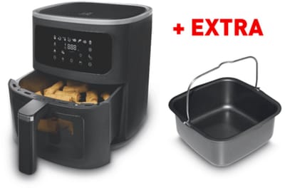 FRITEL Airfryer SnackTastic® 7720 – Heteluchtfriteuse 8L Incl. Extra Cakevorm - Airfryer XXL – 1700W – Voor 1-8 Personen – Touchscreen – Airfryer met Kijkvenster & Verlichting – 8 Programma’s – PFAS-vrij – Zwart – Met Bakvorm voor Cake