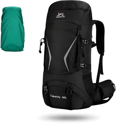 CarryQuest® 60L Hiking Backpack - Waterdichte Trekking Rugzak met Regenhoes, Drinksysteem, MOLLE-Systeem & Heupvakken - Zwart