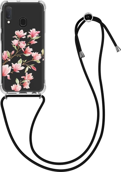 kwmobile telefoonhoesje geschikt voor Samsung Galaxy A20e - Hoesje met telefoonkoord - Back cover voor smartphone - Case in poederroze / wit / transparant