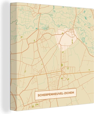 Canvas Schilderij Plattegrond - Kaart - Stadskaart - Vintage - Scherpenheuvel-Zichem - 20x20 cm - Wanddecoratie