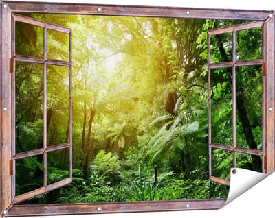 Gards Tuinposter Doorkijk Tropische Jungle met Zonneschijn - 120x80 cm - Tuindoek - Tuindecoratie - Wanddecoratie buiten - Tuinschilderij
