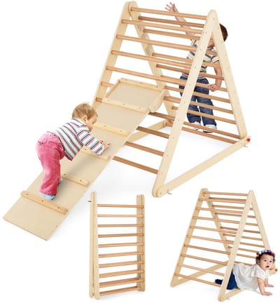 COSTWAY Opvouwbare Klimdriehoek Klimrek met Houten Ladder Sportdriehoek voor de Ontwikkeling van Motoriek voor Peuters Vanaf 3 Jaar