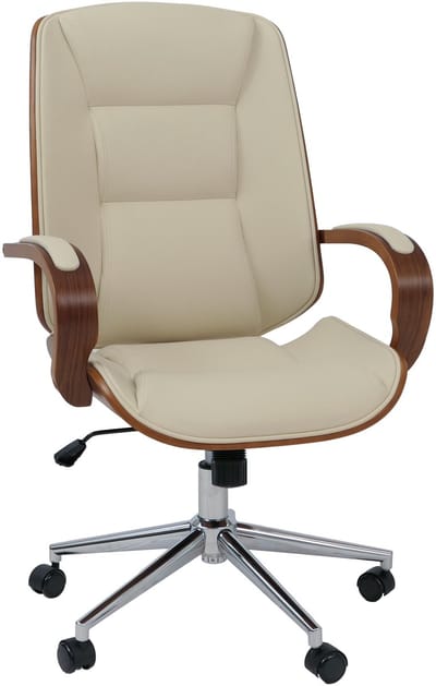 Bureaustoel MCW-O83, draaistoel directiestoel, kunstleer (280 g/m²) gebogen hout MVG-gecertificeerd walnootlook ~ crème