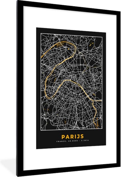 Fotolijst incl. Poster - Parijs - Stadskaart - Goud - Plattegrond - Kaart - 80x120 cm - Posterlijst