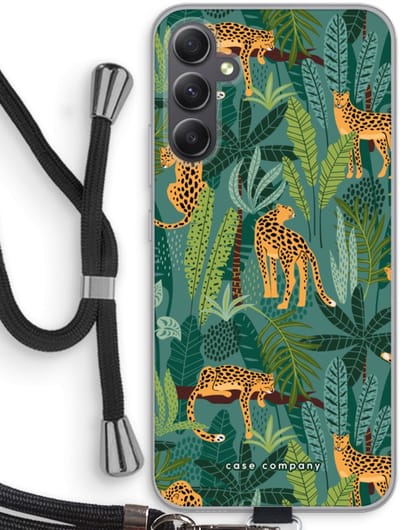 Case Company® - Hoesje met koord geschikt voor Samsung Galaxy A34 hoesje met Koord - Luipaard 2 - Telefoonhoesje met Zwart Koord - Bescherming aan alle Kanten en Over de Schermrand