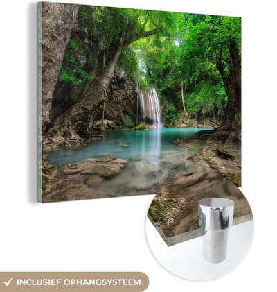 MuchoWow® Glasschilderij 160x120 cm - Schilderij acrylglas - Jungle - Waterval - Planten - Water - Natuur - Foto op glas - Muurdecoratie woonkamer - Wanddecoratie slaapkamer - Schilderijen