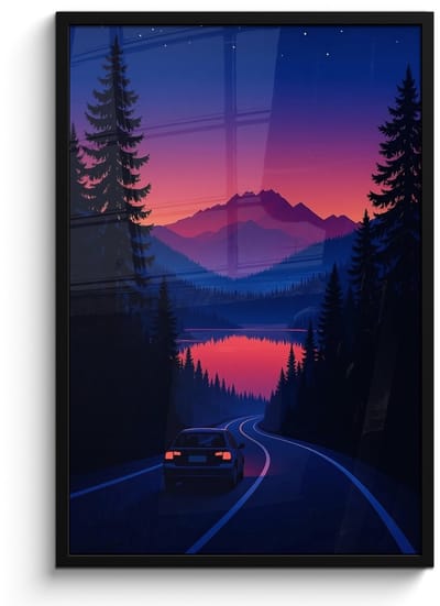 Poster in lijst - Fotolijst 60x90 cm - Posters - Auto - Donkere dennenbomen - Zonsondergang - Posterlijst zwart - Decoratie - Wanddecoratie woonkamer - Muurdecoratie slaapkamer