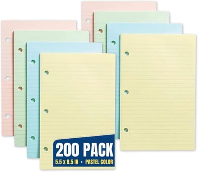 Mini College Gelijnd Vulpapier Losse Blad, Pastelkleuren, 200 Vel, 5,5 x 8,5 Inch, 3-Gaats