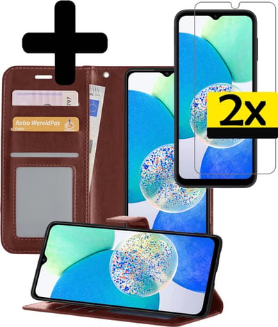 Hoesje - Met 2x Screenprotector - Geschikt voor Samsung Galaxy A14 - Luxe Pasjeshouder - Bookcase Portemonee - Flip Case - Kunstleer Book Case - Flipcase Hoes - Book Cover - Walletcase - Portemonneehoes - Telefoonhoesjes - Bruin