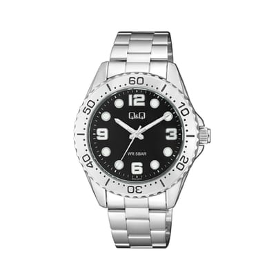 Q&Q Q07A-001PY - Horloge - Analoog - Mannen - Heren - Stalen band - Rond - Metaal - Cijfers - Cirkels - Zilverkleurig - Zwart