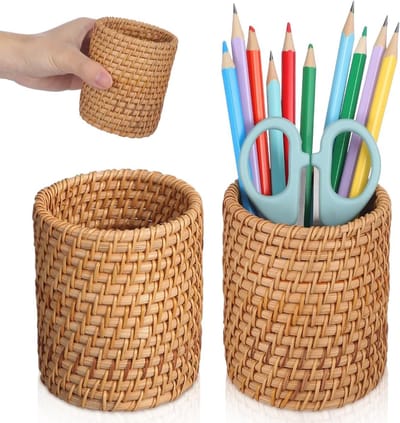 2 Stuks Rieten Pennenhouder - 8 cm Diameter, 10 cm Hoogte - Bohemian Wicker Organizer voor Potloden en Diverse Items in Kantoor en Thuis
