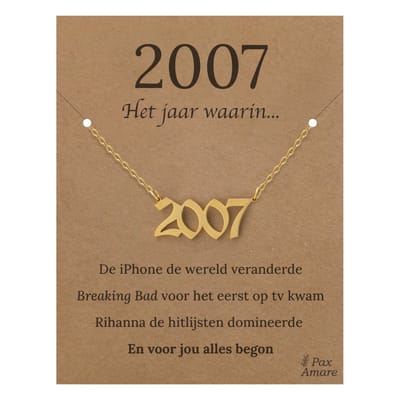 Jaartal 2007 Ketting op Cadeau Kaartje - Goudkleurig Stainless Steel - 45cm - Met informatie over geboortejaar - Pax Amare