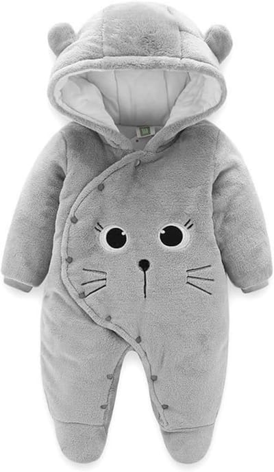 Winter Romper Dungarees voor Pasgeborenen - Flanelen Playsuit met Voetjes en Kap, Cartoon Design 0-12 Maanden