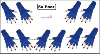 5x Paar handschoenen vingerloos blauw - Merk Partyxplosion - Vingerloze hand schoen carnaval winter unisex festival sport winter