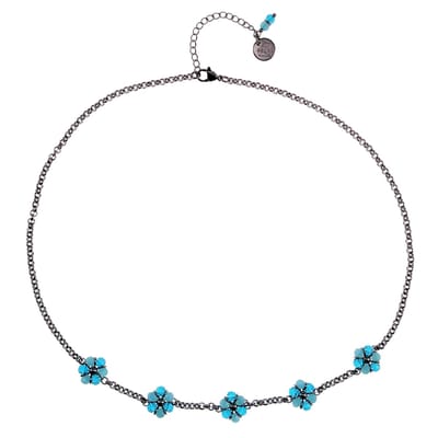 50 tot 55cm Ketting Dames - Gepolijst RVS - Zilverkleurig - Ronde Schakelketting met Turquoise Bloemen - Verstelbaar