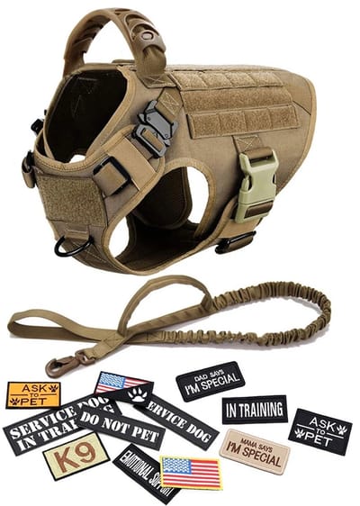 DreamPawz - Hondenharnas Set - Tactical Honden Tuigje met Leiband & 12 Patches - K9 - Beige - Anti-Trek Harnas - Extra Controle - S