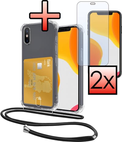 Hoes Geschikt voor Apple iPhone Xs Max Hoesje Pasjeshouder Cover Met Koord Shock Proof Case Siliconen Hoes Met Telefoonkoord en Kaarthouder Met 2x Screenprotector - Transparant