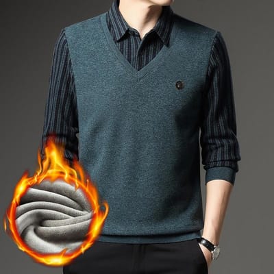 Nieuwe Winter Trui Heren Plus Fleece Dikke Revers Nep Twee Cardigans Gestreept Papa Trui 3XL black