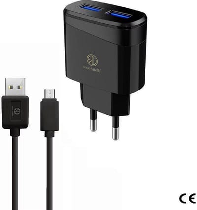 Thuislader Oplader /Home Charger Rico Vitello, thuislader 2,4A + 1 meter kabel Zwart, Micro -USB kabel, travel charger , CE certificate Geschikt voor Samsung Galaxy, Nokia, HTC.....met Micro aansluiting