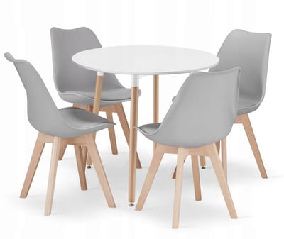 Eetkamerset KAMI – Ronde Tafel 80 cm Wit + 4 Stoelen MARK – Grijs