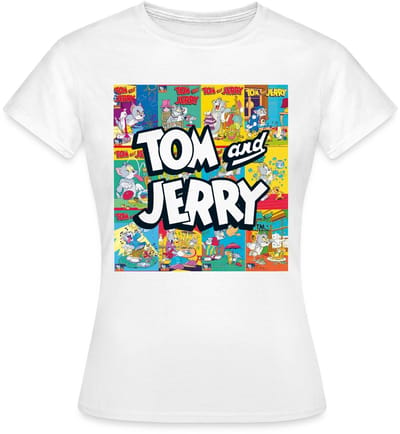 Tom And Jerry Logo Met Vintage Cover Collage T-Shirt Dames