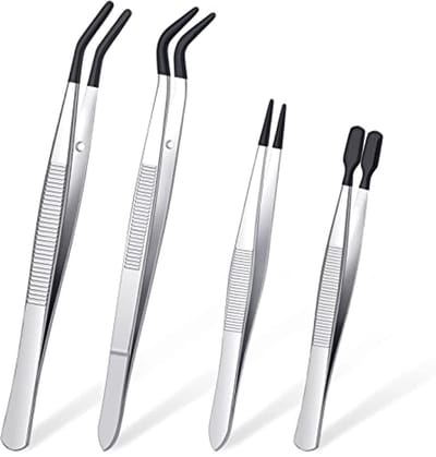 Pincet Set - Gecoate Pincetten - Klusjes en Hobby - Rubberen Grip Punten - 4 Stuks - Zilver