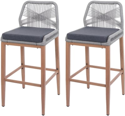 Set van 2 Touw barkrukken MCW-O21, buiten zitkussen touw vlechtwerk metaal hout-look ~ lichtgrijs, donkergrijs kussen