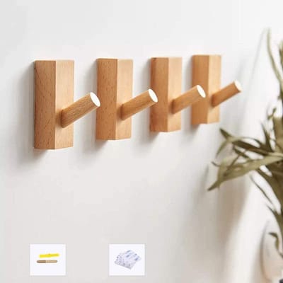 4 Zelfklevende haken - Vintage beukenhouten kapstokhaak (rechthoekig) - Natuurlijk houtdesign
