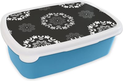 Broodtrommel Blauw - Lunchbox - Brooddoos - Mandala - Patronen - Zwart Wit - 18x12x6 cm - Kinderen - Jongen