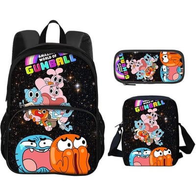 De Geweldige Wereld van Gumball Ronde Voorzak Rugzak Etui Schoudertas 3 Delige Set Cartoon Anime Bedrukt Student Jongens en Meisjes black