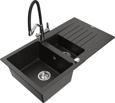 Mexen Matias 1,5-komorige granieten spoelbak met afdruipplaat en keukenkraan Duo, zwart/goud metallic - 6502-75-671701-07