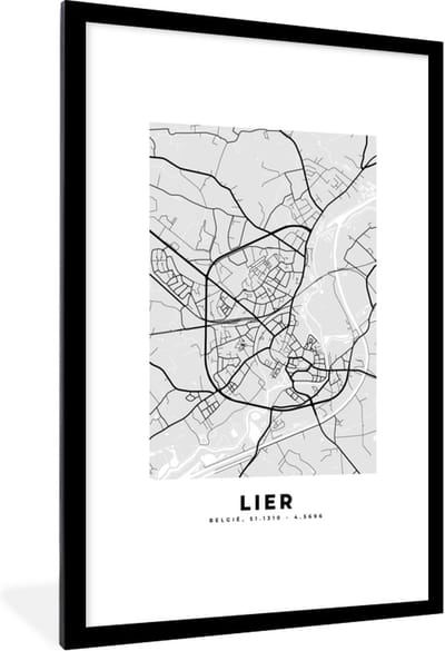 Fotolijst incl. Poster Zwart Wit- Stadskaart – Plattegrond – België – Zwart Wit – Lier – Kaart - 80x120 cm - Posterlijst